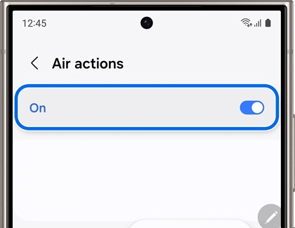 A smartphone screen showing the 'Air actions' settings with the toggle switched on.