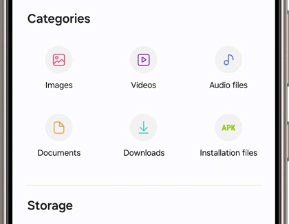 My Files app displaying various categories such as Images, Videos, Audio files, Documents, Downloads, Installation files