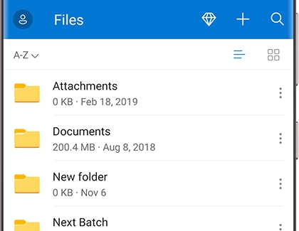 A list of files for a cloud service on a Galaxy phone