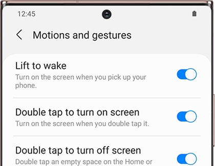 Motions and gestures screen with a list of settings on a Galaxy phone