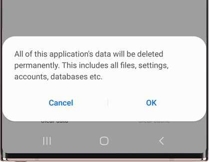 Clear data confirmation message on a Galaxy phone