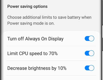 A list of power settings with switches on a Galaxy phone