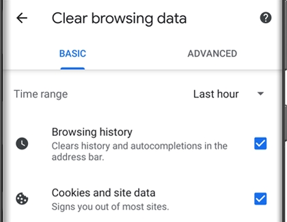 A list of selected browsing data on a Galaxy phone