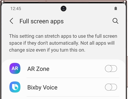 A list of available Full screen apps displayed on a Galaxy phone