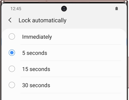 A list of times that can be chosen for Lock automatically on a Galaxy phone