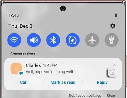 Message on the Notification panel with Bubble icon highlighted