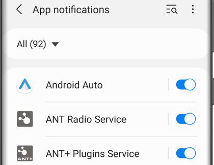 A list of notification settings and switches next to them on a Galaxy phone