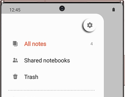 Settings icon highlighted in Samsung Notes