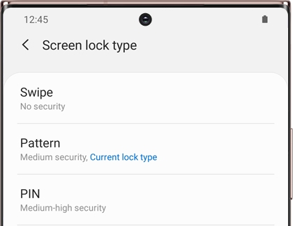 A list of Screen lock types on a Galaxy phone