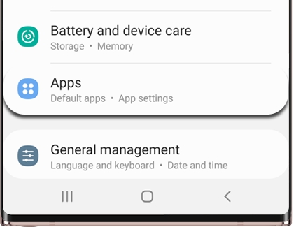 A list of Settings with Apps highlighted on a Galaxy phone