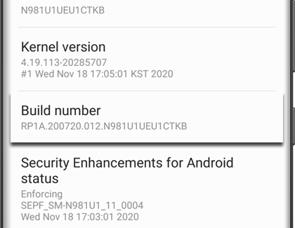 Build number highlighted on a Galaxy phone