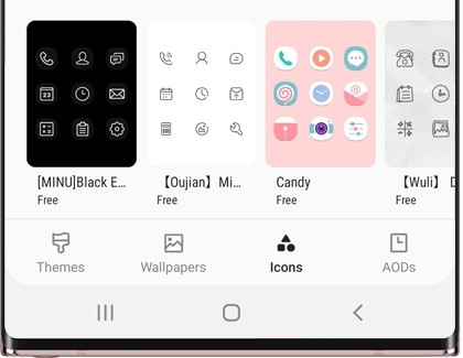 Galaxy Themes screen with Icons tab selected