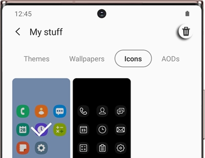 Purchased items screen with Icons tab and Delete icon highlighted