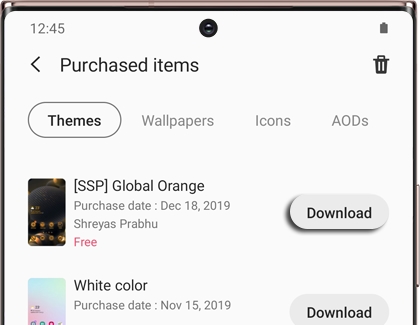 A list of purchased themes with the Download option next to one highlighted