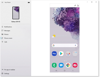 Màn hình điện thoại Galaxy hiển thị trên PC với Your Phone