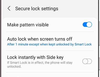 A list of Secure lock settings on a Galaxy phone