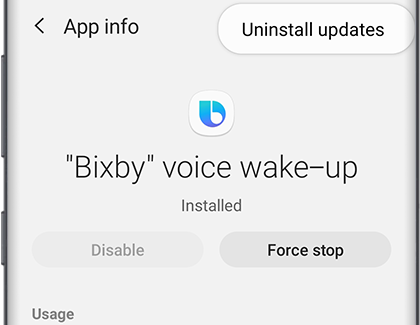 Bixby voice wake-up screen with Uninstall updates displayed