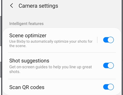 A list of camera settings on the Galaxy Note10+
