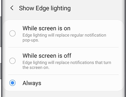 Show Edge lighting screen with a list of options