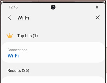 Wi-Fi in search bar with a list of Wi-Fi search results on a Galaxy phone