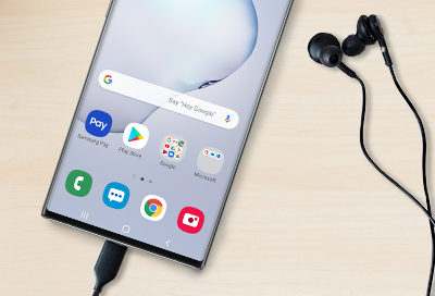 Samsung phone with headphones attached