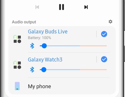 Two audio devices selected under Audio output on a Galaxy phone