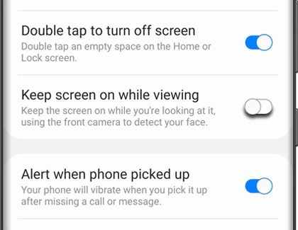 Switch next to Keep screen on while viewing highlighted on a Galaxy phone
