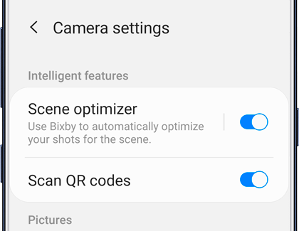 A list of Camera settings on the Galaxy Note9