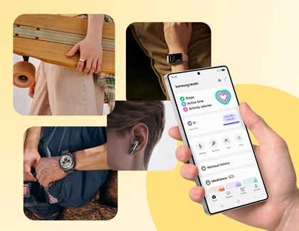 Galaxy S25 displaying the Samsung Health app next to images of Galaxy Wearable devices, such as the Galaxy Ring, Galaxy Watch7, and Galaxy Fit3.