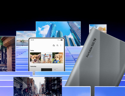 Various images next to a Samsung Portable SSD T9 device.