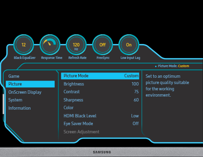 Picture setting menu with picture mode set on custom selected