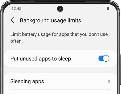 A list of settings for Background usage limits on a Galaxy phone