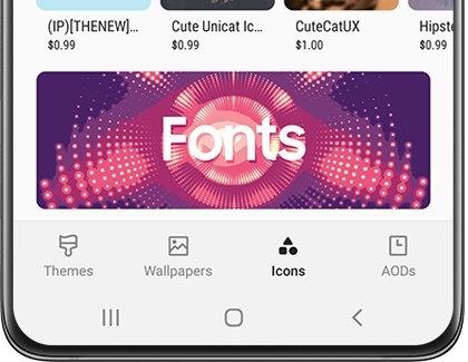 Galaxy Themes screen with Icons tab selected