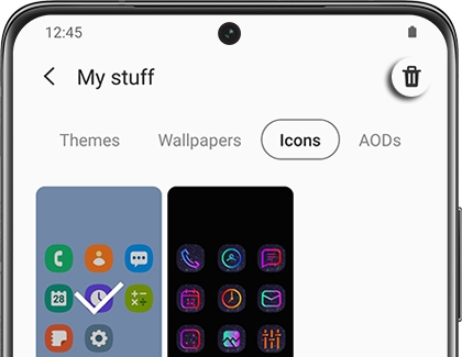 Purchased items screen with Icons tab and Delete icon highlighted
