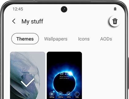 Purchased items screen with Themes tab and Delete icon highlighted
