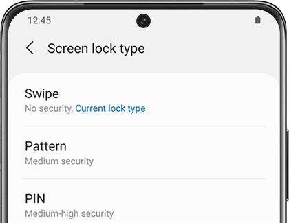 A list of screen lock types on a Galaxy phone