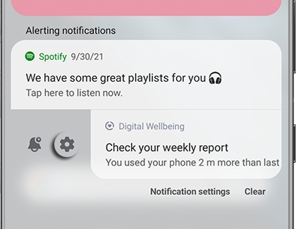 Notification with Snooze and Settings displayed on the Notification panel