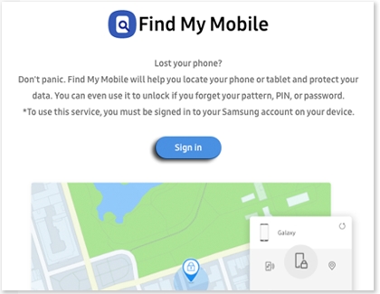 Find My Mobile website with a Sign in option highlighted