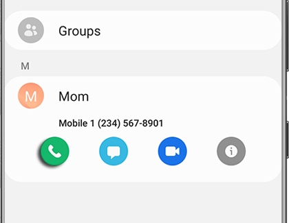 Call icon highlighted under a contact listing with a Galaxy phone