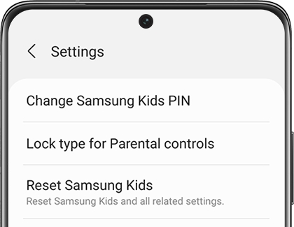A list of settings for the Samsung Kids app on a Galaxy phone