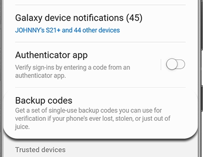 Backup codes highlighted on a Galaxy phone