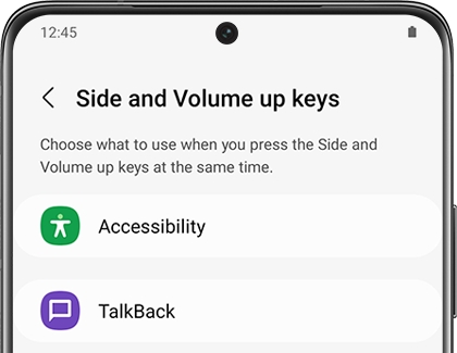 A list of options for Side and Volume up keys on a Galaxy phone