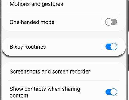 Bixby Routines switched on and highlighted in the Advanced features menu