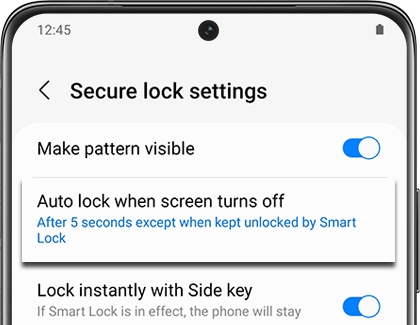 Auto lock when screen turns off highlighted on a Galaxy phone