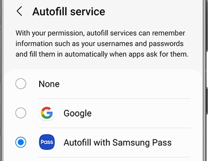 Autofill with Samsung Pass chosen on a Galaxy phone