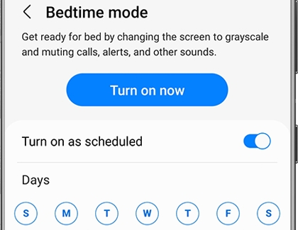 A list of settings for Turn on as scheduled for Bedtime mode