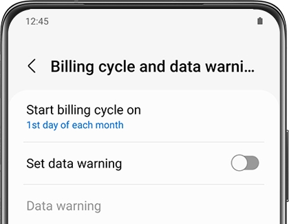A list of Billing cycle and data warning settings on a Galaxy phone