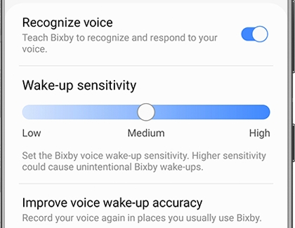 A list of Voice wake-up options for the Bixby app