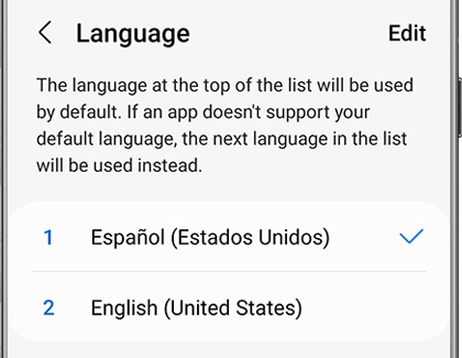 Default language set to Spanish on a Galaxy phone