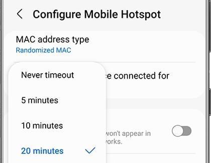 List of timeout options for Mobile Hotspot